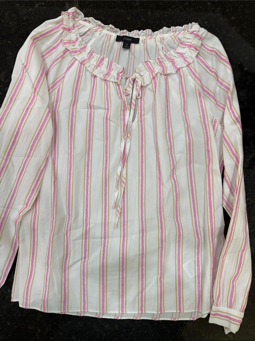 J. Crew Women’s White Blouse with Pink & Yellow Stripes and Ruffle Neck